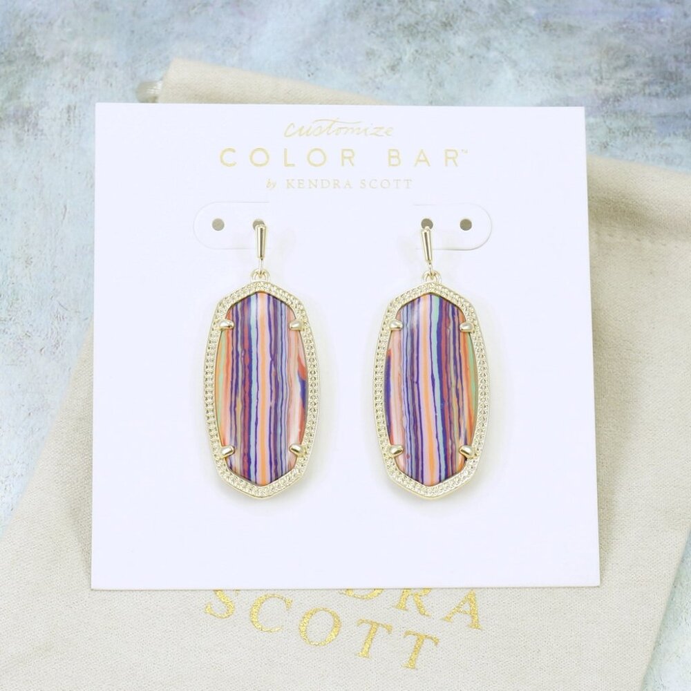 Kendra Scott Elle Pink Rainbow Calsilica earrings in gold color